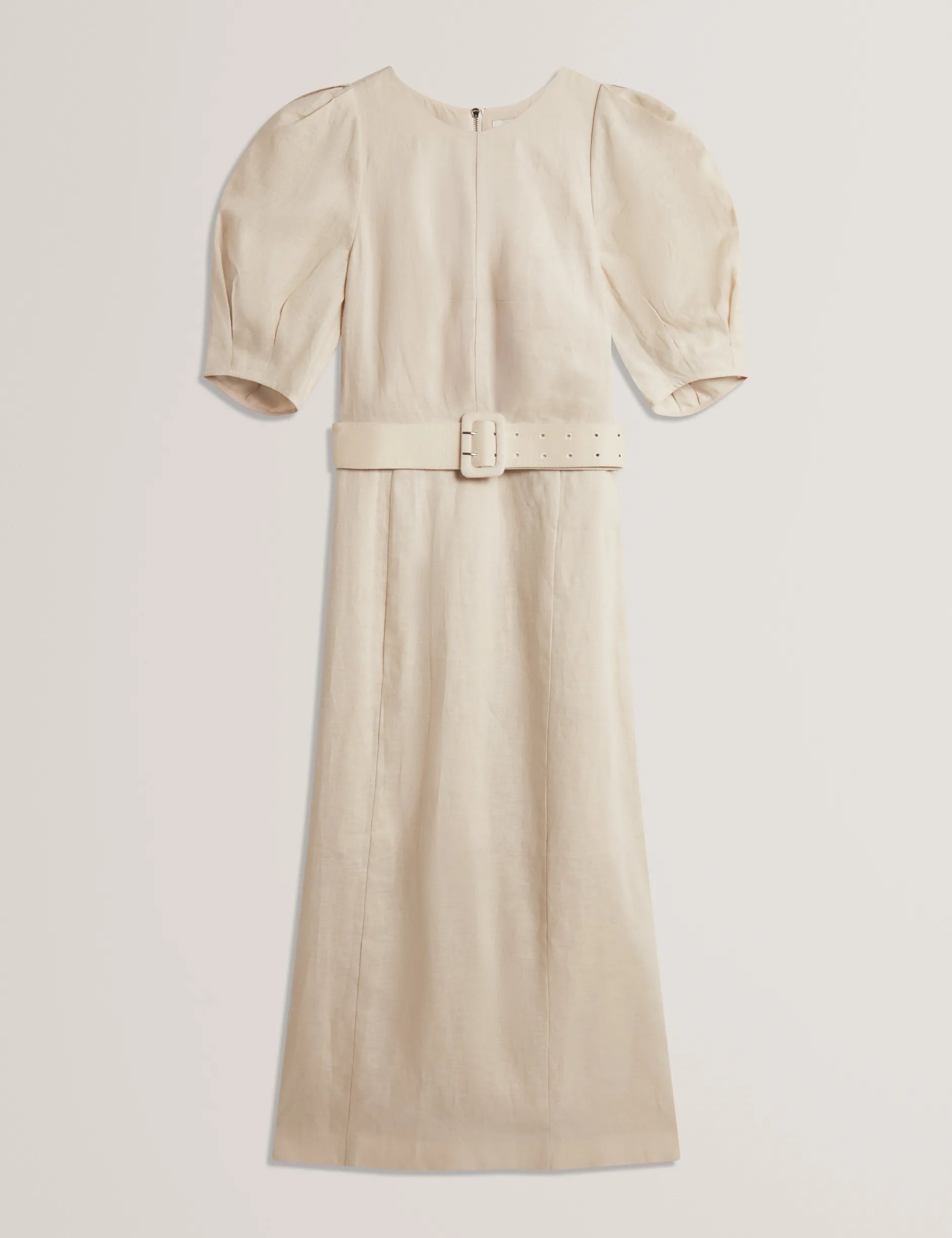 Leinen-Midikleid mit Puffärmeln und Gürtel