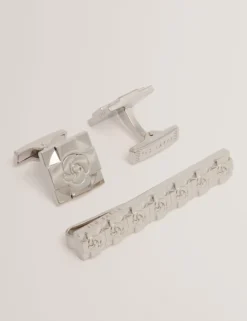 Manschettenknöpfe und Krawattennadel-Set mit gravierter Rose