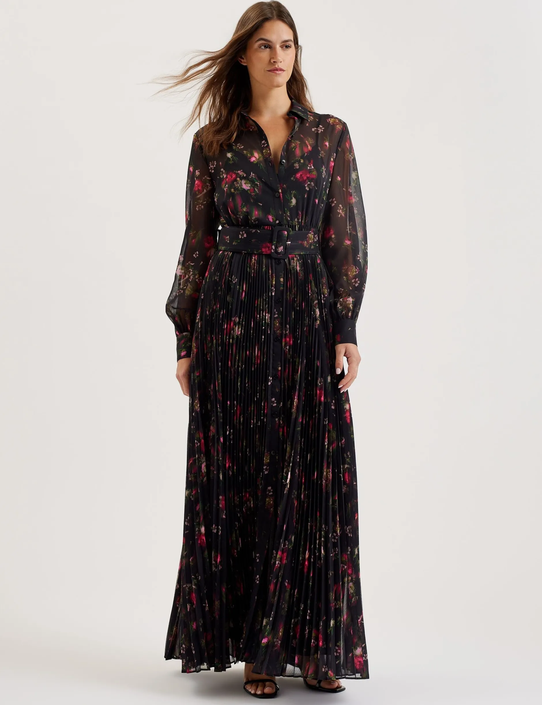 Maxi-Hemdkleid mit Blumenmuster und Falten