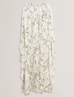 Maxikleid mit Blattprint und Umhang-Detail