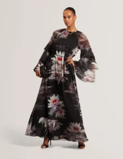 Maxikleid mit Lilienmuster, Rüschen und langen Ärmeln