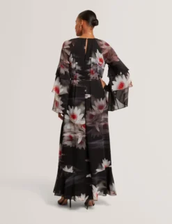 Maxikleid mit Lilienmuster, Rüschen und langen Ärmeln