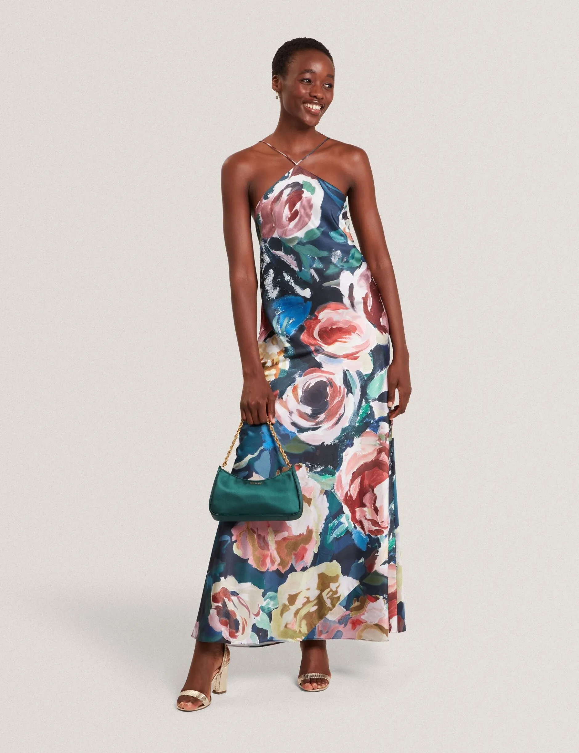 Maxikleid mit Rosenmuster und Neckholder