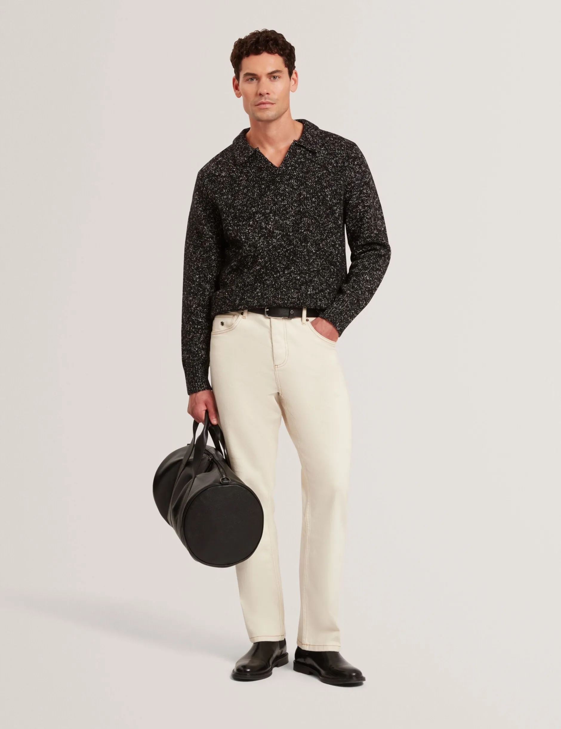 Melange Strick-Langarm-Poloshirt