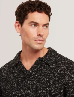 Melange Strick-Langarm-Poloshirt