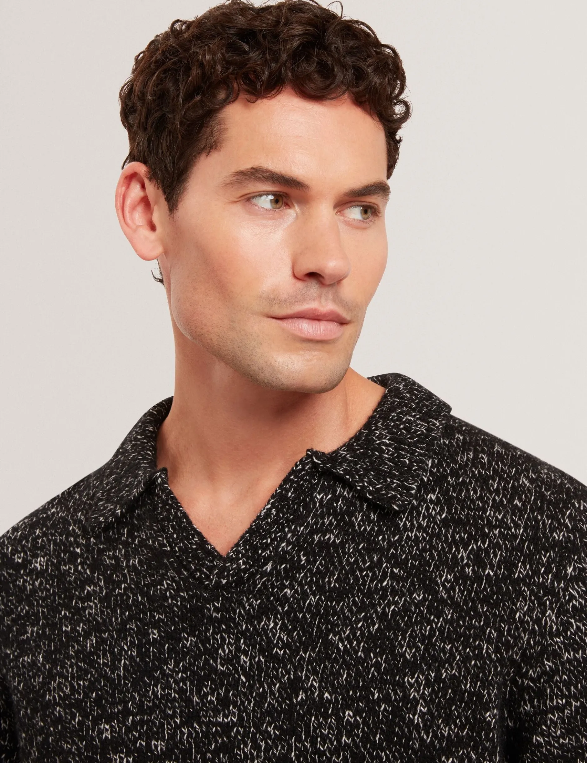 Melange Strick-Langarm-Poloshirt