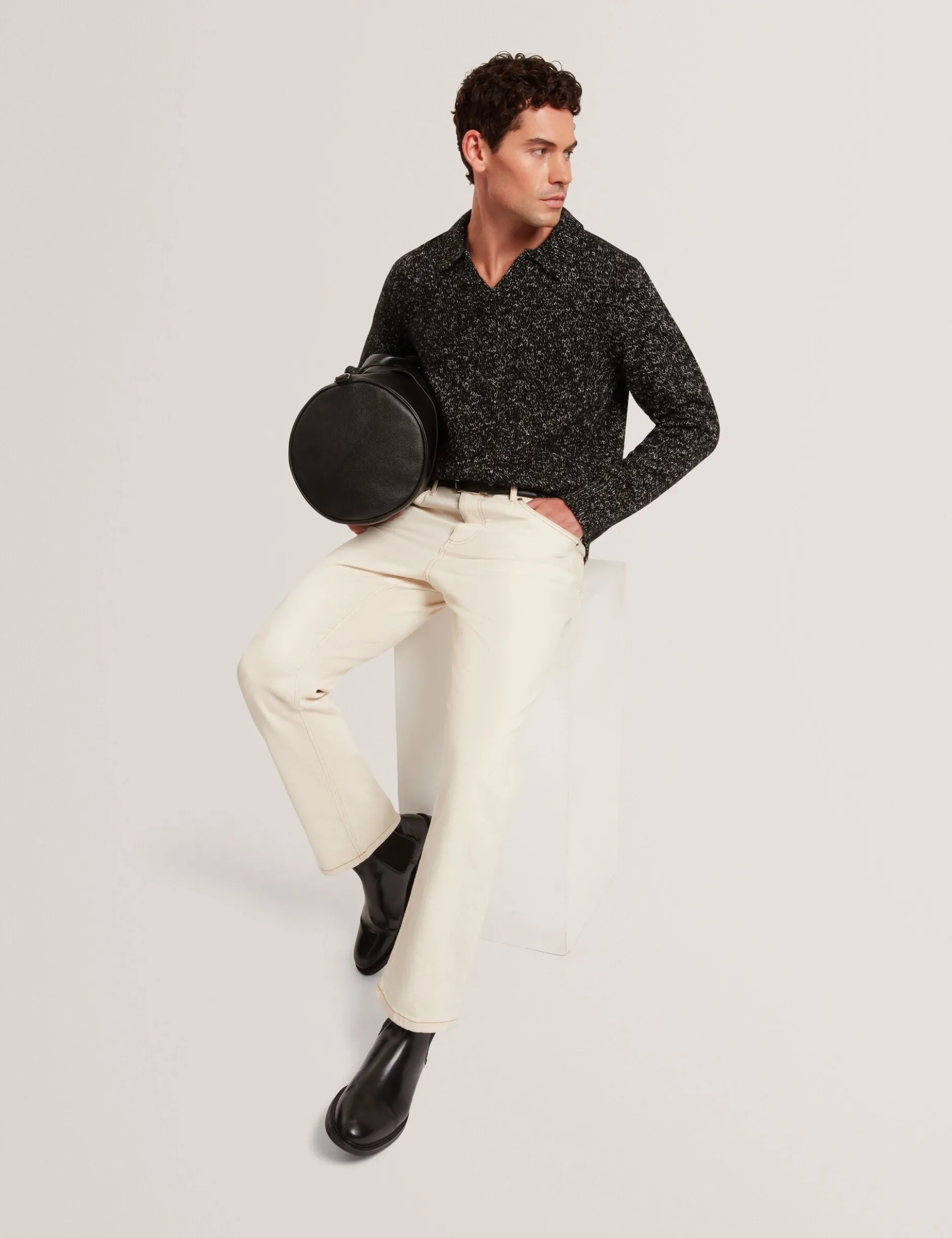 Melange Strick-Langarm-Poloshirt
