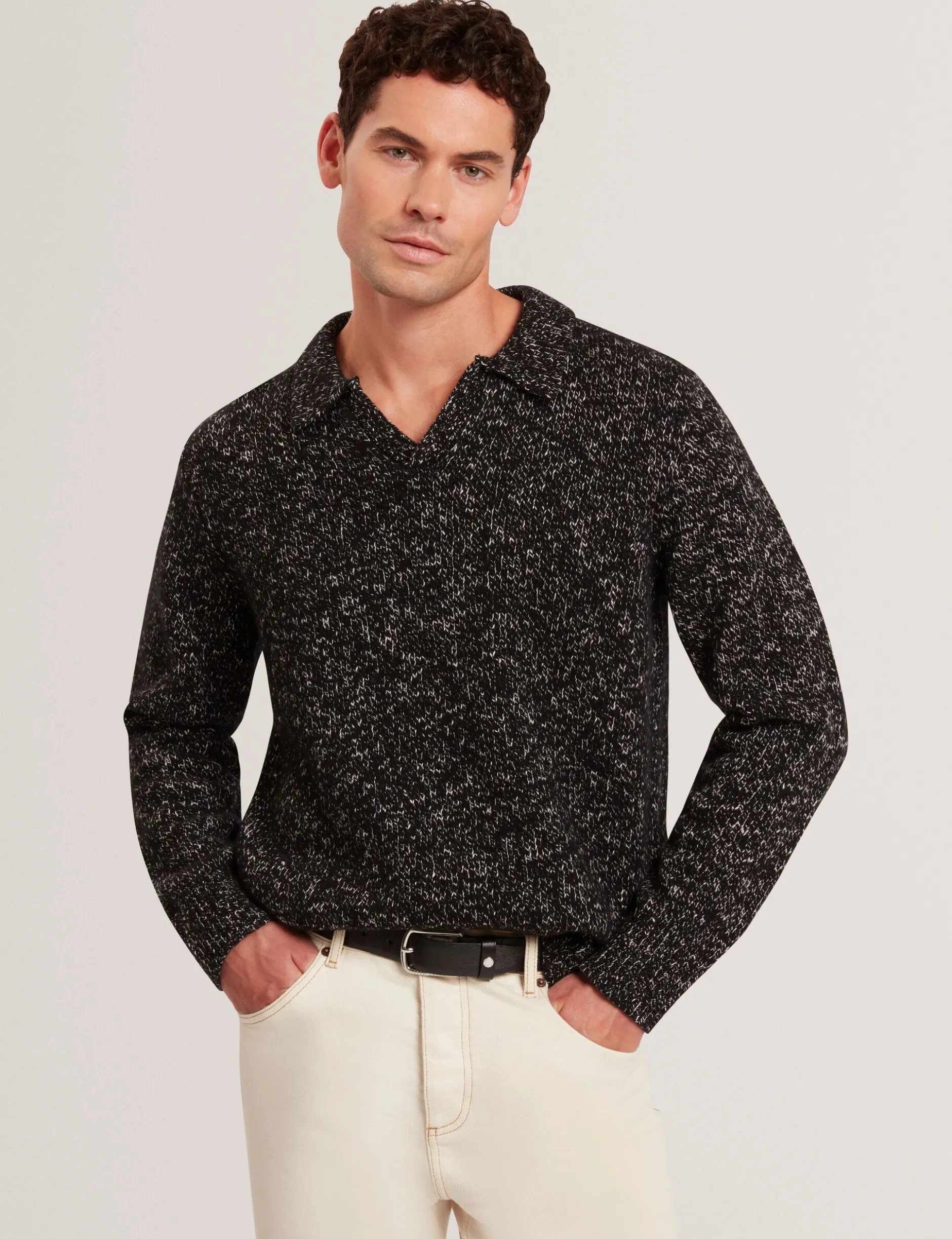 Melange Strick-Langarm-Poloshirt