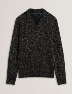 Melange Strick-Langarm-Poloshirt