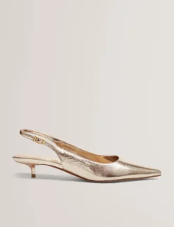 Metallic-Leder-Slingback-Schuhe mit Kitten-Heel