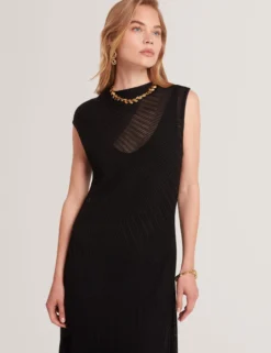 Midaxi-Kleid aus strukturiertem Strick mit transparenten Details