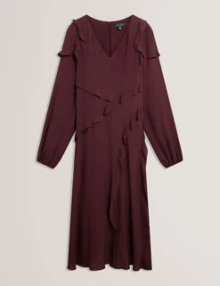 Midikleid aus Crêpe mit Rüschenbesatz und langen Ärmeln