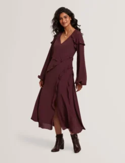 Midikleid aus Crêpe mit Rüschenbesatz und langen Ärmeln
