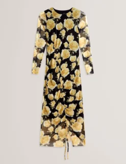 Midikleid aus Mesh mit Rosenmuster und langen Ärmeln