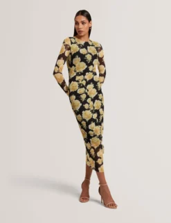 Midikleid aus Mesh mit Rosenmuster und langen Ärmeln