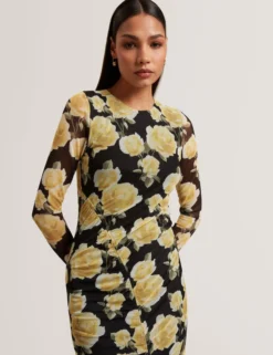 Midikleid aus Mesh mit Rosenmuster und langen Ärmeln