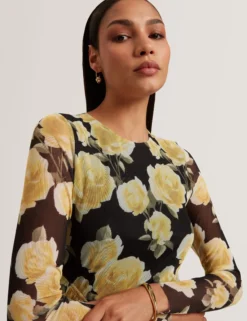 Midikleid aus Mesh mit Rosenmuster und langen Ärmeln