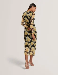 Midikleid aus Mesh mit Rosenmuster und langen Ärmeln