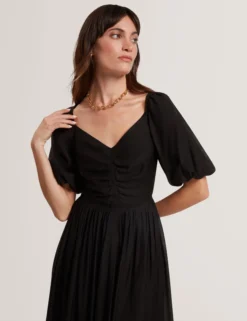 Midikleid aus Webstoff mit Puffärmeln und V-Ausschnitt