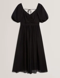 Midikleid aus Webstoff mit Puffärmeln und V-Ausschnitt