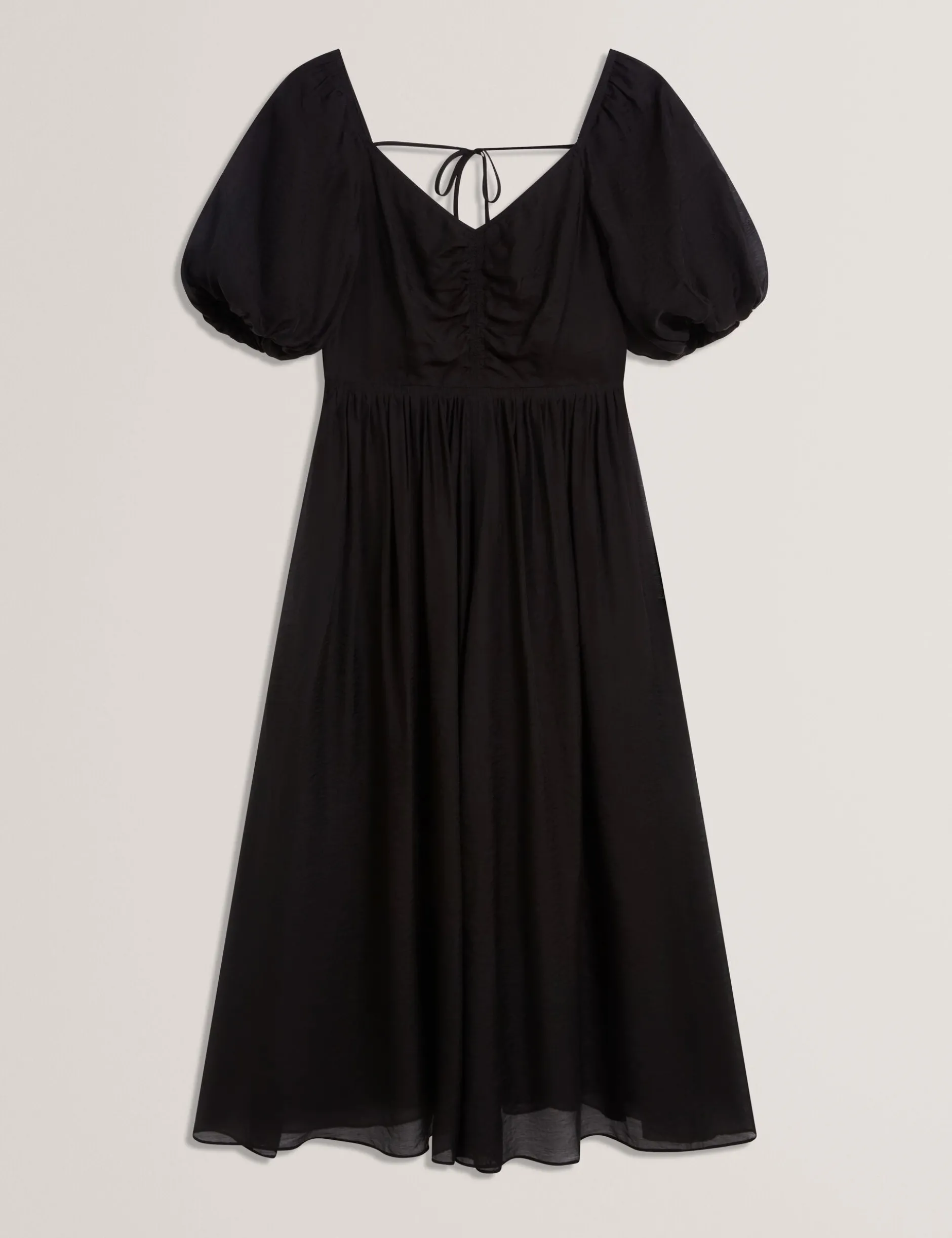 Midikleid aus Webstoff mit Puffärmeln und V-Ausschnitt