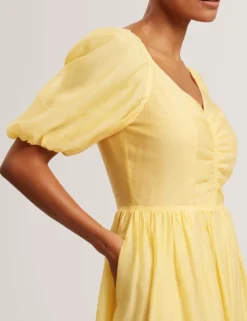 Midikleid aus Webstoff mit Puffärmeln und V-Ausschnitt
