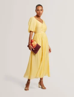 Midikleid aus Webstoff mit Puffärmeln und V-Ausschnitt