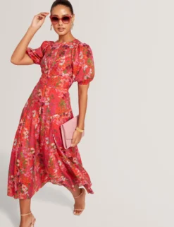 Midikleid mit Blütenmuster und Puffärmeln in A-Linie