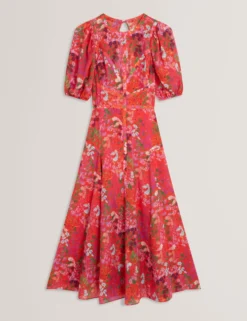 Midikleid mit Blütenmuster und Puffärmeln in A-Linie