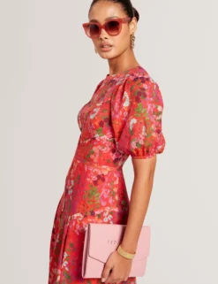 Midikleid mit Blütenmuster und Puffärmeln in A-Linie