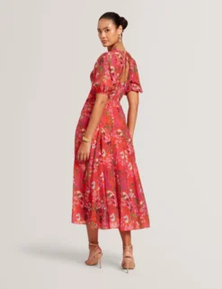 Midikleid mit Blütenmuster und Puffärmeln in A-Linie