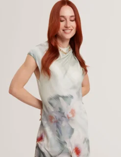 Midikleid mit Lilienmuster und Drapierung am Kragen