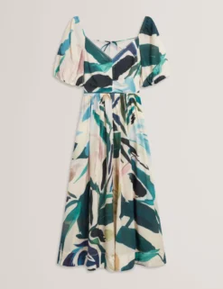 Midikleid mit Print und Puffärmeln sowie Ziernähten