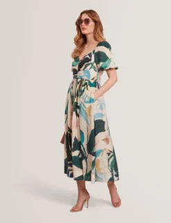Midikleid mit Print und Puffärmeln sowie Ziernähten