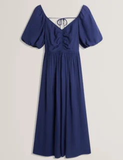 Midikleid mit Puffärmeln, Raffungen und V-Ausschnitt