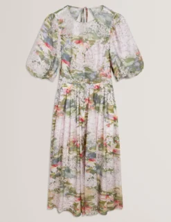 Midikleid mit Seerosenmuster und Puffärmeln