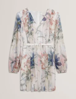 Minikleid mit Blumenmuster, plissiert, langärmelig