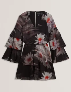 Minikleid mit Lilienmuster, Rüschen und langen Ärmeln