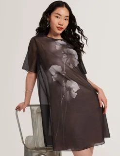 Mini-T-Shirt-Kleid aus Organza mit Blumenmuster