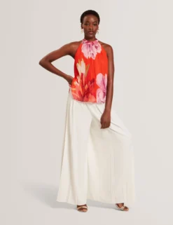 Neckholder-Top mit Blumenmuster und Falten