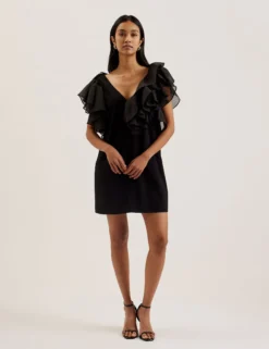 Oversized Minikleid mit Rüschenbesatz und V-Ausschnitt