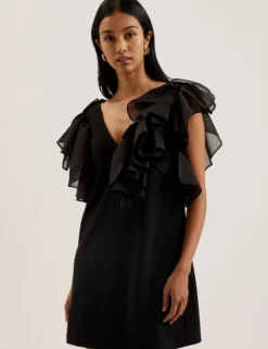 Oversized Minikleid mit Rüschenbesatz und V-Ausschnitt