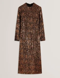 Paillettenbesetztes, langärmeliges Midikleid