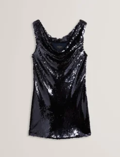 Paillettenbesetztes, ärmelloses Minikleid mit Wasserfallausschnitt