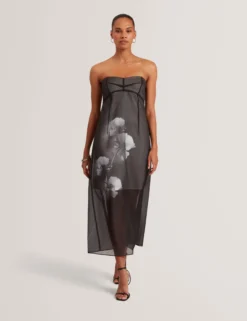 Ärmelloses Midikleid aus Organza mit Blumenmuster