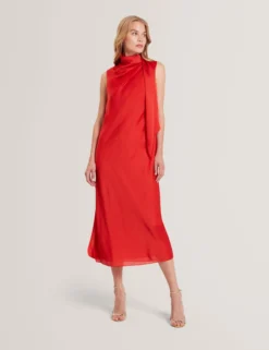 Ärmelloses Midikleid aus Satin-Chiffon mit Bindekragen
