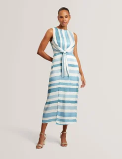 Ärmelloses Midikleid mit blauen Streifen und Bindeband vorne