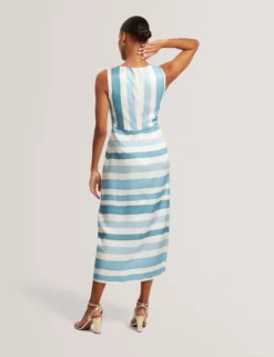 Ärmelloses Midikleid mit blauen Streifen und Bindeband vorne