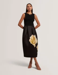 Ärmelloses Midi-Kleid mit Rosenmuster