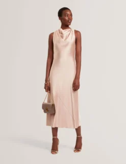 Satin-Midikleid mit hohem Wasserfallausschnitt